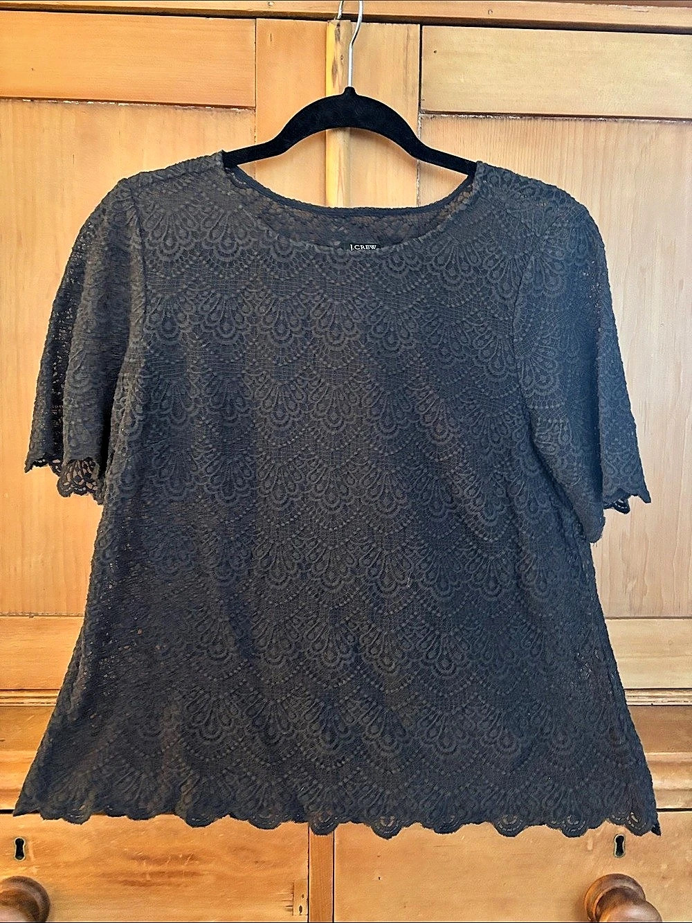 J.Crew Charcoal Lace Short Sleeve Top with Scalloped Hem Medium